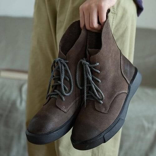 Handmade Genuine Leather Biker Boots Lace-Up Combat Boots Retro Chunky Ankle Boots 2020 Winter Boots Khaki/Dark Grey