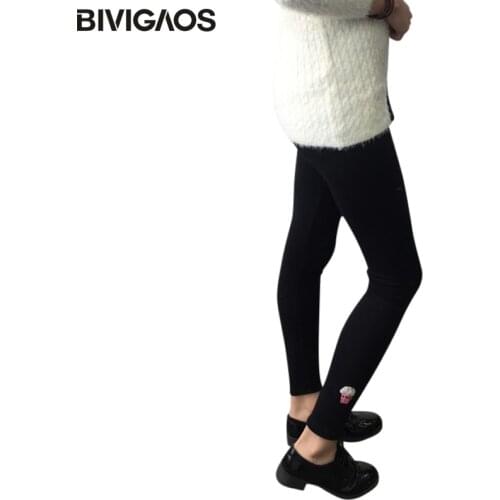 BIVIGAOS Female Black Leggings Pants Elastic Cotton Embroidery Student Preppy Style Outer wear Cute Leggings Women