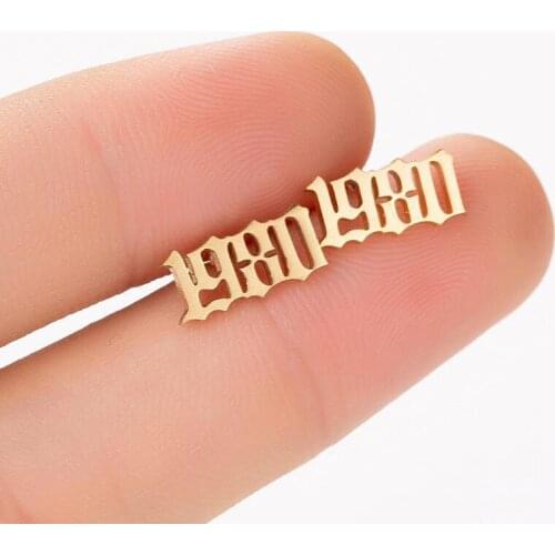 DoreenBeads Hot Fashion Stainless Steel Year Series Ear Post Stud Earrings Gold Color Number Message 1980 -2010 13x5mm,1 Pair