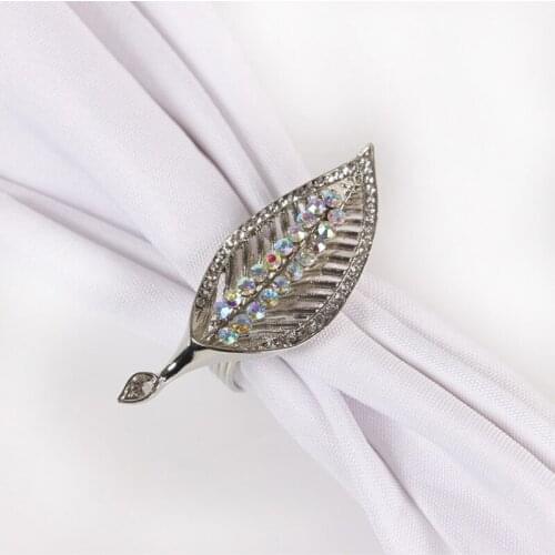 Elegant Silver Plating Hollow Leave Design With AB Crystals Jeweled Metal Alloy Napkin Ring