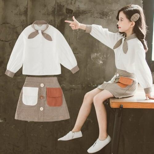 Girls Clothes Set 2PCS Back To School Clothes Bow Blouse + Plaid Skirt Spring Fall Teenage Girls Clothes 4 5 7 9 11 13 Years