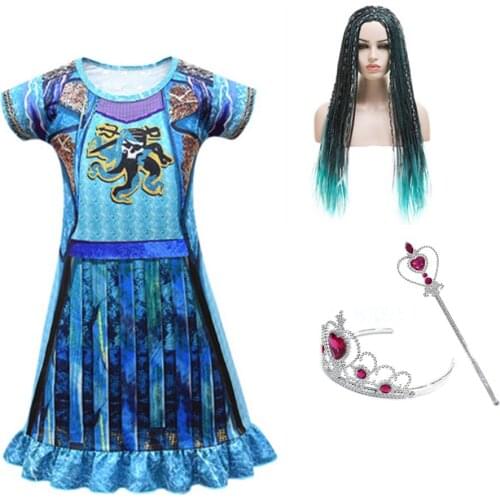 Descendants 3 Mal Bertha Maleficent Curls Live Evil Straight Blue Kids Girls Cosplay Cap Dress Halloween Costume For Kids Wig