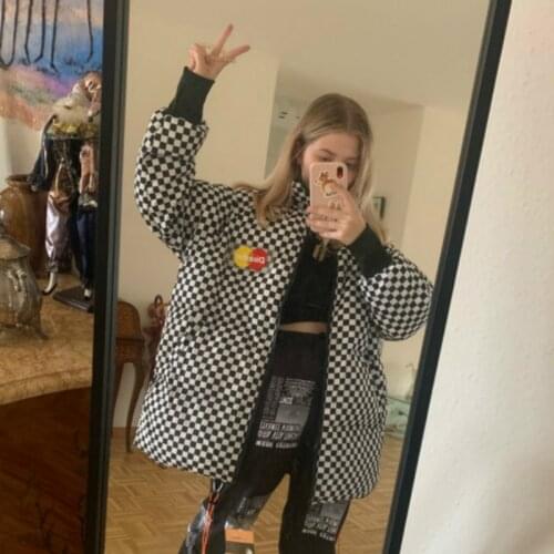 Girls Oversize Winter Parka Women Outwear Cotton Padded Detachable Hooded Long Loose Thick Jacket Fashion Zipper Female Plaid