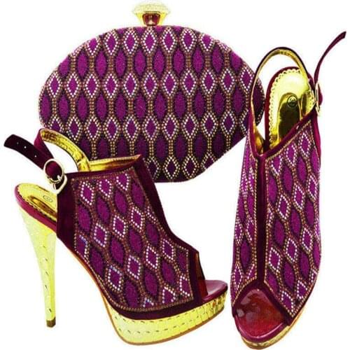 Hot Sale Elegant Italian Rhinestone Woman Shoes And Bag Set African High Heels Shoes And Bag Set For Party Free Shipping