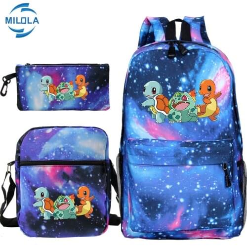 Pokemon Go Pikachu 3pcs Set Backpack Mochila Cartoon Student School Bag Bookbag Travel Bag (rucksack shoulder Bag Pen Bag)
