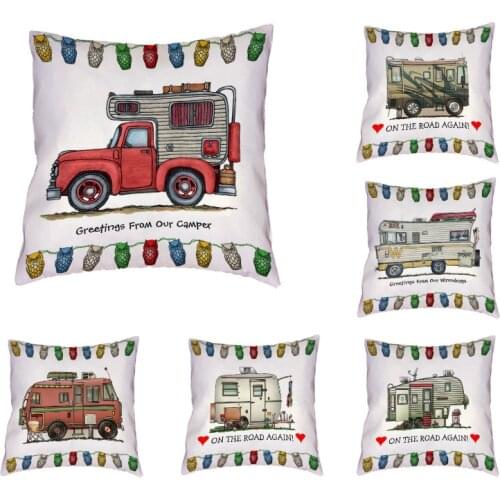 Happy Camping Car Cushion Cover Convertible Colorful Owl Pillowcase On The Road Office Bed Couch Home Decoration Throw Pillows