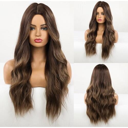 Long Body Wave Wigs Dark Brown Synthetic Wig Natural Middle Part Heat Resistant Wigs for Black Women Daily Cosplay Faker Hair