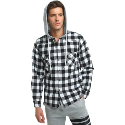 Spring and Autumn Men Hooded Plaid Shirt Black Red Mens Cotton Shirts Slim Fit Casua tops Lattice Long Sleeve Shirt men