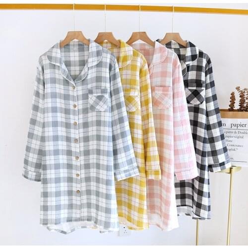 New Summer Womens Pyjamas Long Sleeves Pure Cotton Womens Midlength Blouse Comfortable Gauze Over The Knee Home Nightgown