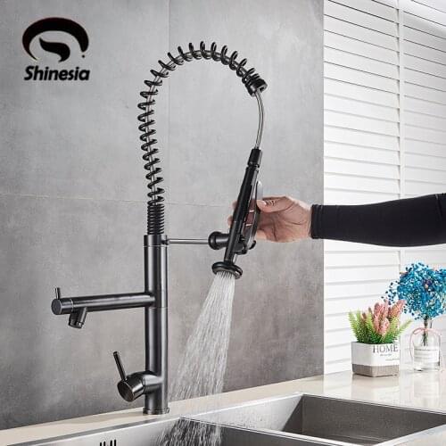 Shinesia Black Bronze Spring Kitchen Faucet Pull Down Spout Hot and Cold Water Mixer Tap 70cm Tall Sink Crane