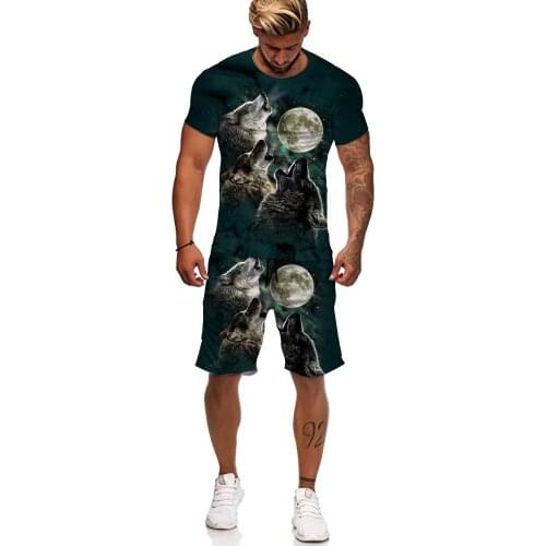 Moon wolf 3D printing 2 Pieces Sets Tracksuit Casual loose Short sleeve animal Suit harajuku style tshirt+Beach Shorts camisetas