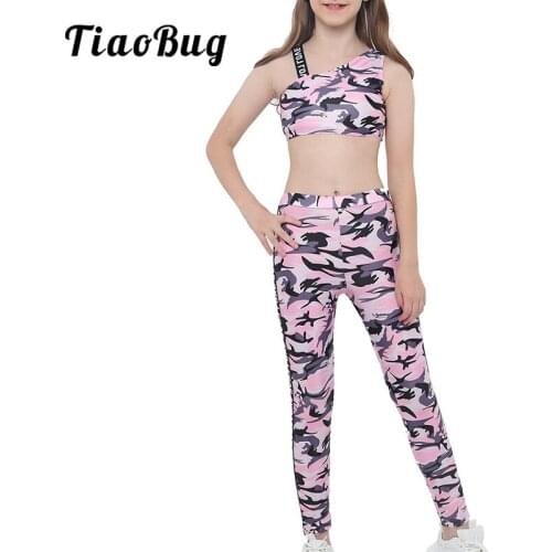 TiaoBug Kids Teens Tracksuit Camouflage Print Sports Suits Tops Leggings Pants 2 Pieces Sets Girls Gymnastics Ballet Dance Wear