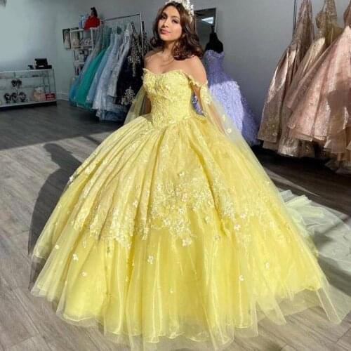 Light Yellow Quinceanera Dresses Flowers 2021 Floral Lace Spaghetti Applique Straps Open Back Graduation Dress For High School
