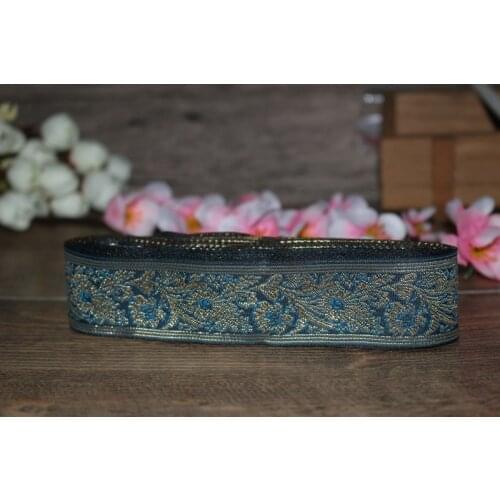 10yards/lots Woven Jacquard Ribbon 3.2cm blue background gold flowers pattern IS-3120