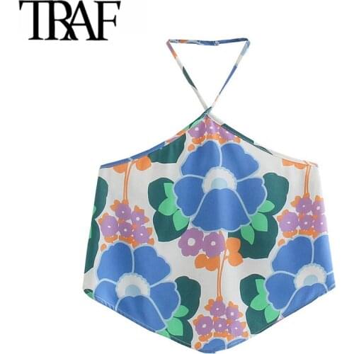 TRAF Women Sexy Fashion Floral Print Cropped Halter Tank Tops Vintage Backless Tie Thin Straps Female Camis Mujer