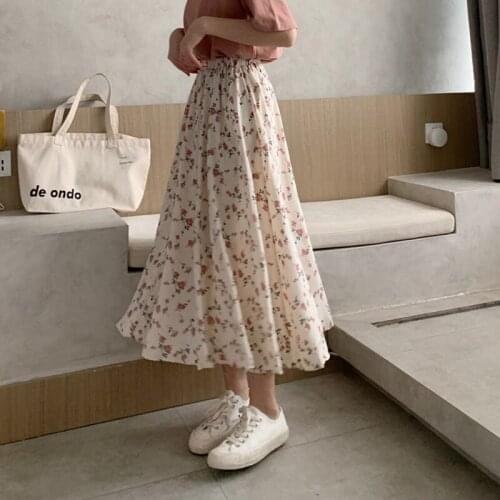 Vintage Floral Print A-line Pleated Long Skirts Summer Women 2021 Korean Skirt Streetwear Drawstring Elastic Waist Midi Skirt