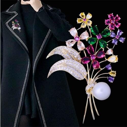 Luxury Colorful Flower AAA Cubic Zirconia Brooches For Women Pearl Pins Brooch Sweater Corsage Crystal Rhinestone Accessories