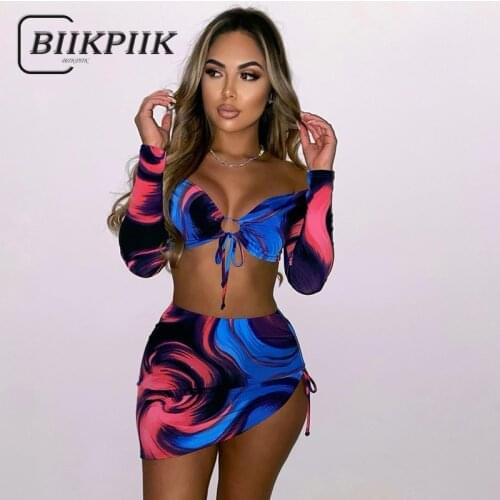 BIIKPIIK Contrast Women 2 Piece T-shirt Skirts Set Print Casual Lounge Wear Drawstring Female Suit Summer Sportwear Matching Set