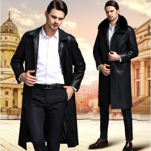 Winter thicken mens leather coat lapel slim motorcycle jackets men fashion long clothes jaqueta de couro black