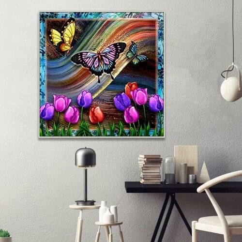 5D DIY Diamond Painting Butterfly tulip Full Square Mosaic Diamond Embroidery Pastoral Style Picture home decoration Kits TY900