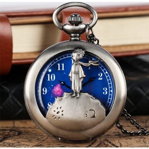 Retro Grey/Bronze The Little Prince Theme Pocket Watches Fob Necklace Chain Hollow Half Hunter Blue Dial Pendant Clock Gift Kids