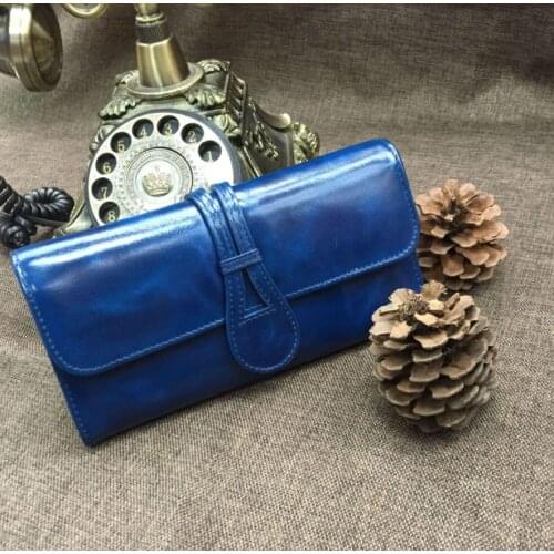 Genuine Leather Wallet women Oil wax cow leather Coin Purse Long Purse women Card holder black purple pink blue mustard