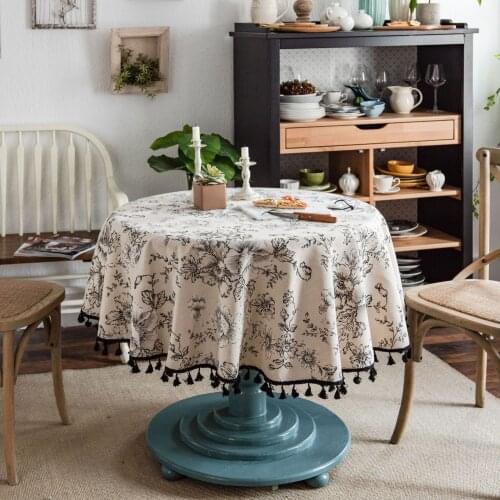 Rose Print Round Tablecloth with Tassel Elegant Dining Table Protector Cover Tablecloth for Table Round Wedding Table Cloth