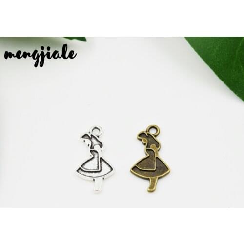 MENGJIALE 25pcs/lot New Product Two Color Beautiful Girl Charms Pendant Jewelry Metal Alloy Jewelry Marking 12*24mm