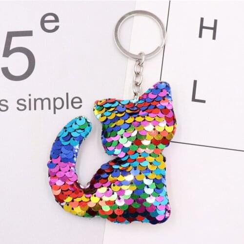 Wholesale Cute Cat Keychain Glitter Pompom Sequins Key Ring Gifts for Women Llaveros Mujer Charms Car Bag Accessories Key Chain