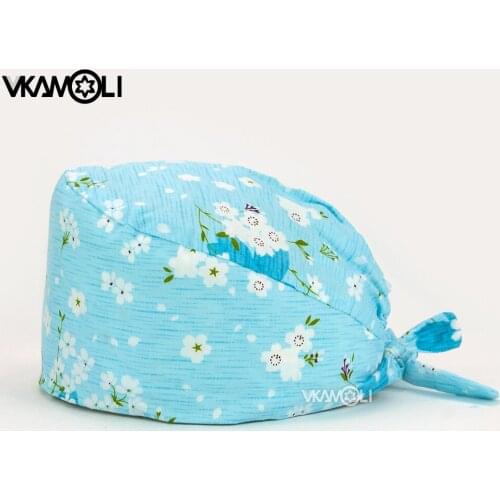 Vkamoli Scrub Caps Breathable 100% cotton adjustable printing blue Cap work hats