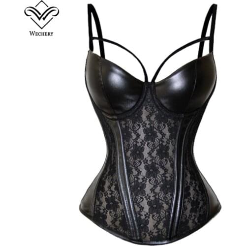 Wechery Corset Sexy Lace Overbust Bustier Women Black Corsets Push Up Gothic Faux Leather Corselet Erotic Lingerie Plus Size