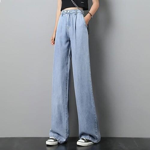 Women High Waist Korean Jeans 2021 Summer Casual Baggy Female Solid Color Straight Trousers Thin Ventilate Wide Leg Denim Pants