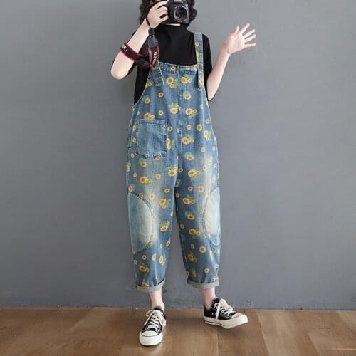 #2328Spring Summer Jeans Jumpsuit Women Floral Printed Denim Overalls Ladies Rompers Loose Harem Wide Leg Jumpsuits Ankle-length
