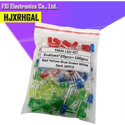 100PCS 5mm LED Diode Light Assorted Kit 5Colors*20PCS Green Blue White Yellow Red COMPONENT DIY kit
