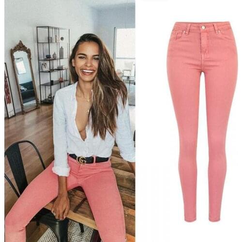 2021 High Waisted Elastic Jeans Women Dyed Macaroni Lotus Root Powder Popular Denim Trousers Pencil Skinny Plus-up Size Jeans