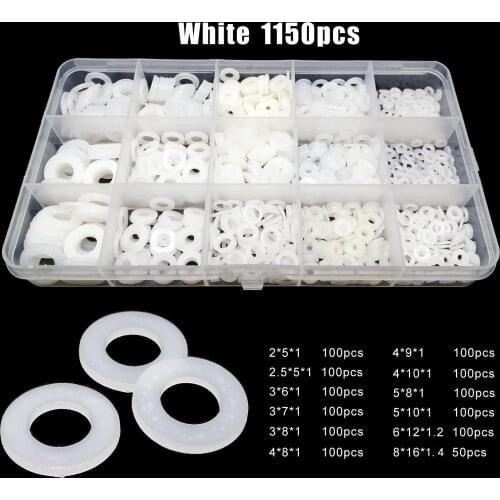1150pcs M2 M2.5 M3 M4 M5 M6 M8 White Black Plastic Nylon Flat Washer Plain Spacer Insulation Gasket Ring Assortment Kit Set Box