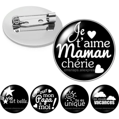 Le français J'aime maman papa Unique Black style Letters Glass cabochon Brooch Dome Photo Jewelry Brooches Pin Men Woman Gift
