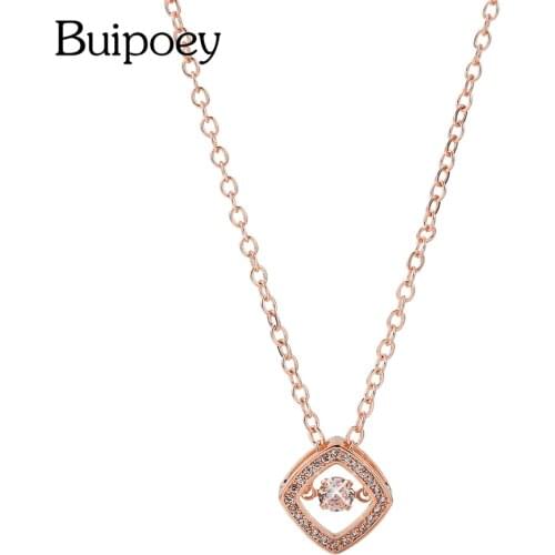 Buipoey Rose Gold Fine Cubic Zirconia Square Pendant Necklace For Women Men Original Stainless Steel Chain Charm Necklace