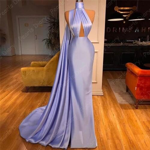 Blue Mermaid Elegant Evening Dresses 2021 Simple Halter With Train Sexy Party Gowns For Women