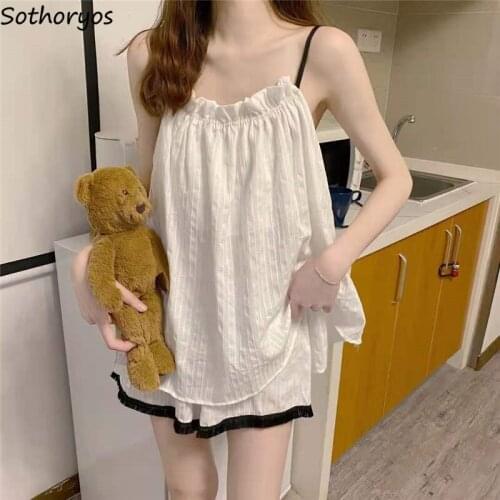 Women Sleeveless Pajama Sets Slash Neck Sweet Solid Sleepwear Sexy Spaghetti Strap Nightwear Folds Simple Korean-style Leisure