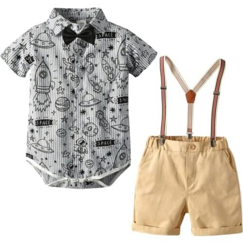 Baby Boy Gentlemans Romper With Lapel Collar + Sling Pants Set Summer Sets Europe And America Style 2021