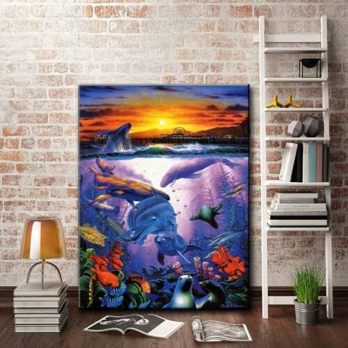 Cartoon animal color sea fish wave sunrise scenery oil painting canvas printings printed on canvas wall art decoration picture