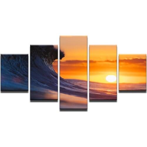 Canvas Painting Wall Oil Artwork Frame Home Decor Pictures 5 Pieces Seascape Sunset Beach Sea Wave Poster Living Room HD Printed