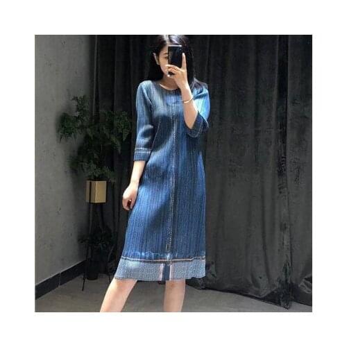 HOT SELLING Miyake Fold o-neck solid three quater dress of tall waist straight denm dress IN STOCK