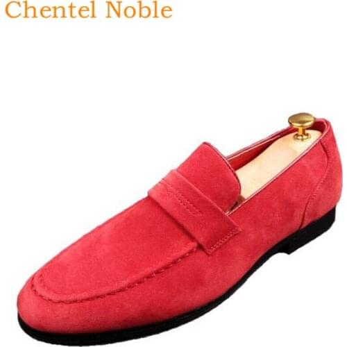 Chentel Noble Manual Flock Fashion Mens Dress Shoes Leather Flats For Business Comfortable Mens Shoes Slip-on Red Black Color