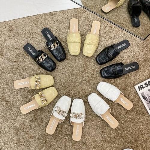 Shoes Woman 2021 Slippers Flat Female Mule Square Toe Pantofle Luxury Slides Platform Summer Mules New Designer Cover Rubber PU