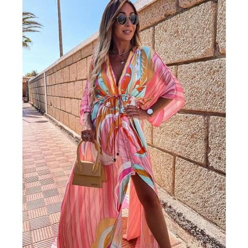 Bikini Cover-ups Boho Print Long Dress Self Belted Sexy Beach Tunic 2021 Summer Women Beach Wear Swim Suit Cover Up
