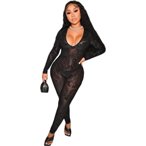 RStylish 2021 New Style Women Sexy See Through Sheer Mesh Printed Long Sleeve U Neck Bodycon One Piece Jumpsuits