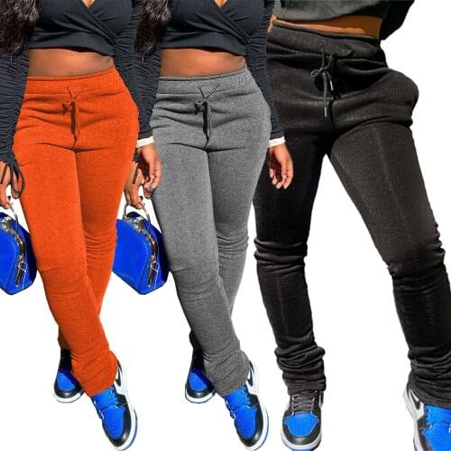 Solid Color Stacked Sweatpants High Waist Leggings Ruched Trousers Women Sportswear Sexy Casual Pocket Tracksuit Pants