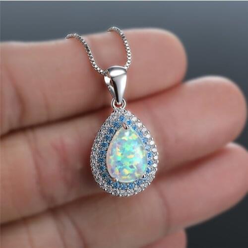 White Fire Opal Water Drop Pendant Necklace Blue Pink Crystal Small Stone Necklace Dainty Silver Color Chain Necklaces For Women
